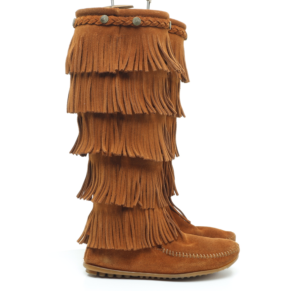 Minnetonka 5 Layer Fringe Suede Leather Moccasins Women 6 Brown - Picture 3 of 15